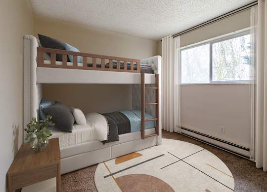 A bedroom with a bunk bed and a rug on the floor.