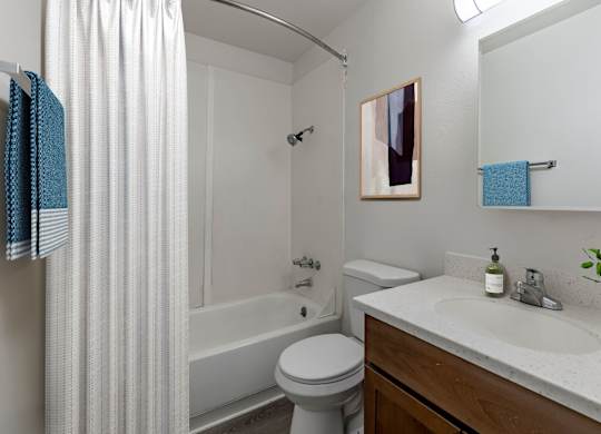 A white bathroom with a toilet, sink, and shower.