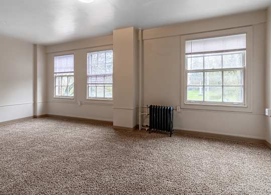 A room with a carpeted floor, two windows, and a radiator.