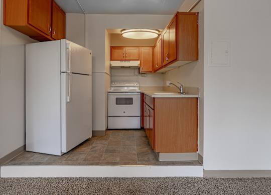 A kitchen with a white refrigerator and wooden cabinets.