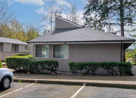A grey house with a grey roof and a grey car parked in front.