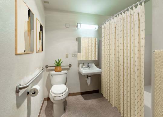 A bathroom with a toilet, sink, and shower curtain.
