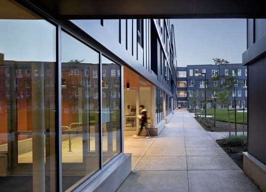 a view from the outside of the building