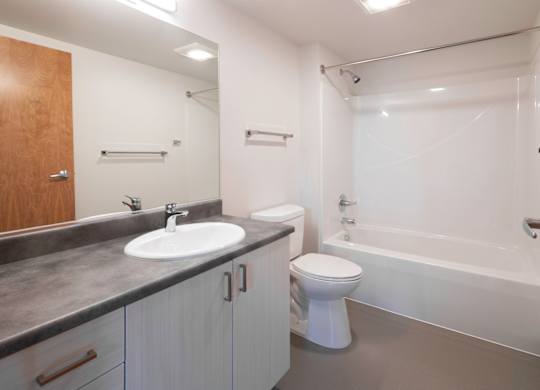 A bathroom with a toilet, sink, and bathtub.