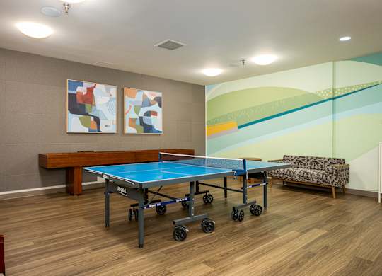 A ping pong table in a room with a couch and two paintings on the wall.