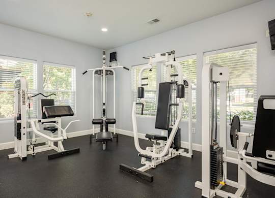 A well-equipped home gym with various exercise machines.