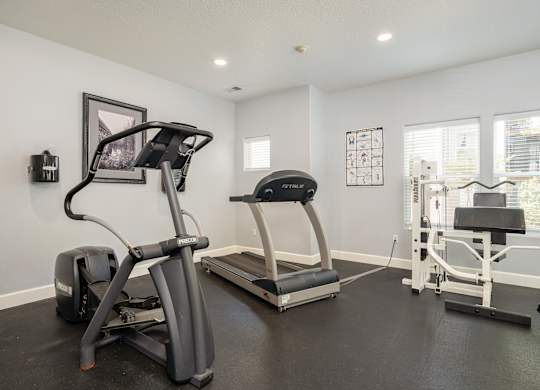 A home gym with a treadmill, elliptical trainer, and a stationary bike.