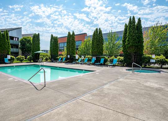 A swimming pool surrounded by trees and chairs.