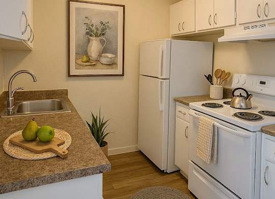 A kitchen with a white refrigerator, white oven, and a brown rug on the floor.