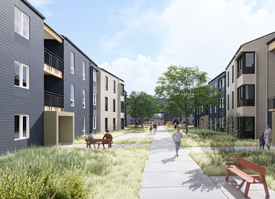 A modern apartment complex with a walkway and benches in the foreground.