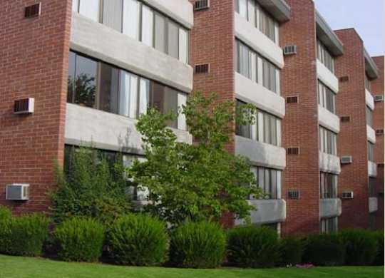 A red brick building with white trim and a tree in front.