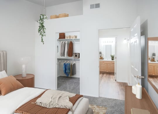 a bedroom with a bed and a closet