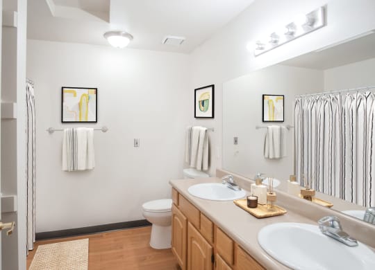 a bathroom with two sinks and a shower and a toilet