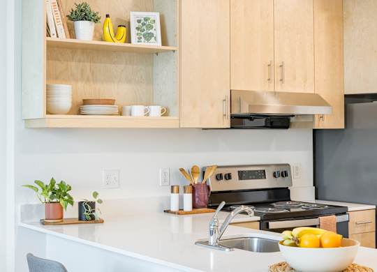 A kitchen with a white countertop and a bowl of lemons on it.