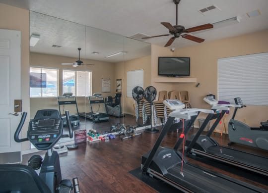 the gym has plenty of exercise equipment and a tv