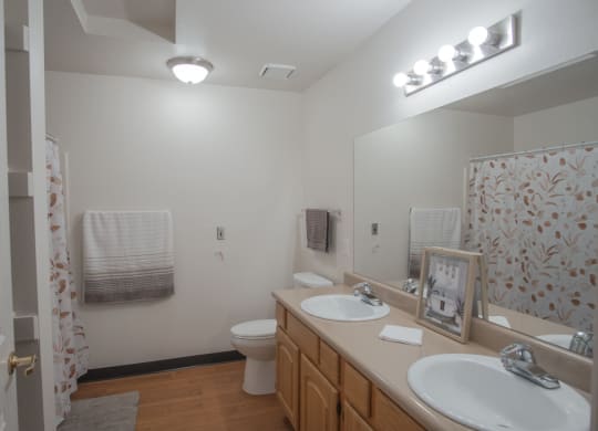 a bathroom with two sinks and a shower and a toilet
