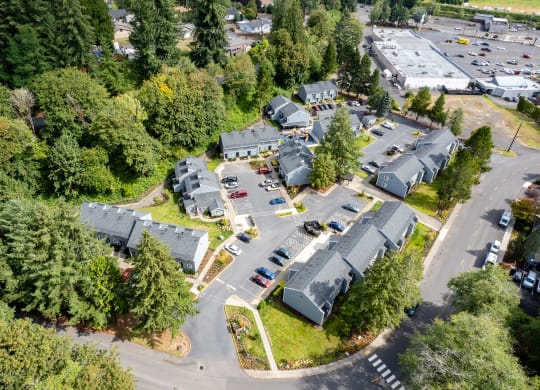an aerial view of a neighborhood with houses and trees