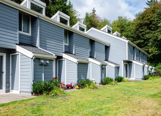 a row of blue houses with blue siding