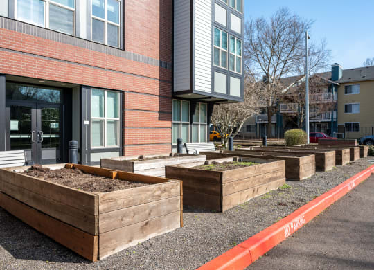a row of wooden planters in front of a brick building