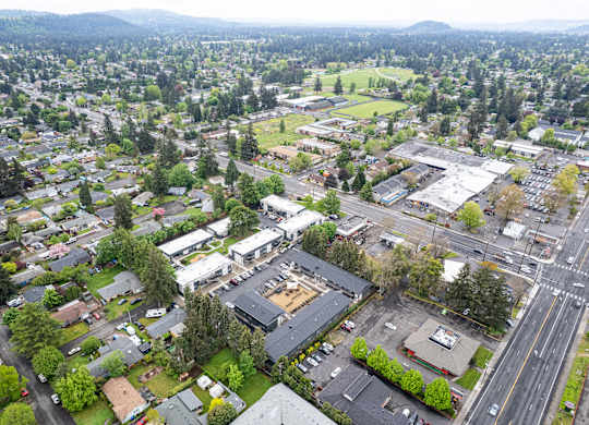 A bird's eye view of a city with a large building in the center.
