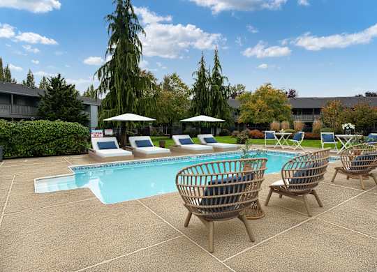 A pool area with sun loungers and trees.