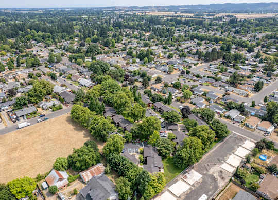 A bird's eye view of a residential area with houses and trees.