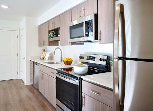 A kitchen with a black refrigerator and a black oven.