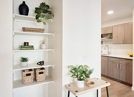 A white shelf with plants and baskets on it.