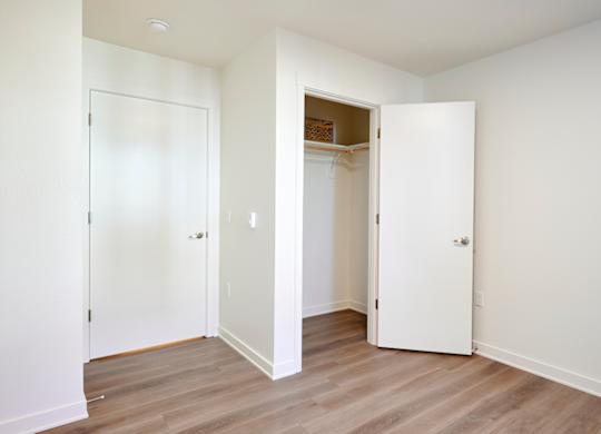 Three white doors in a room with wood floors.