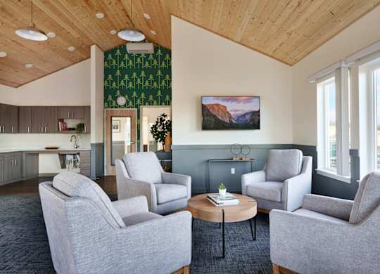 A living room with grey chairs and a wooden ceiling.
