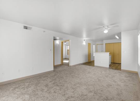 A spacious room with a carpeted floor and a ceiling fan.