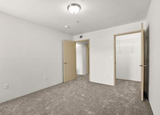 A room with a carpeted floor and three doors.