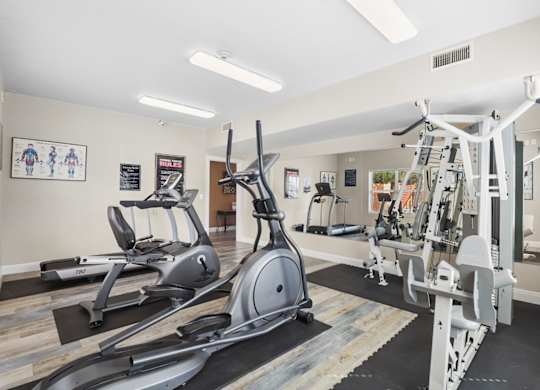 A gym with a variety of equipment including treadmills, elliptical machines, and weight machines.