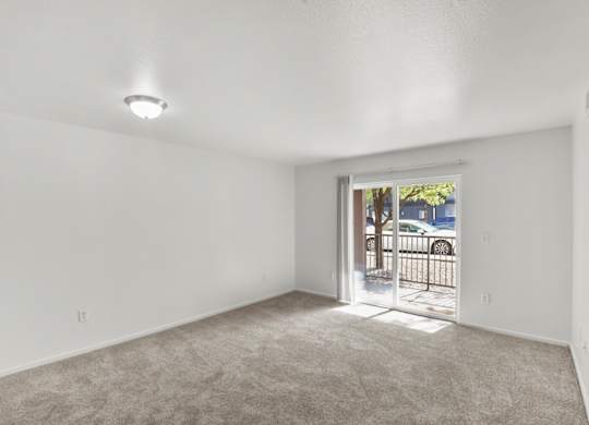 A room with white walls and a carpeted floor with a doorway leading to a balcony.