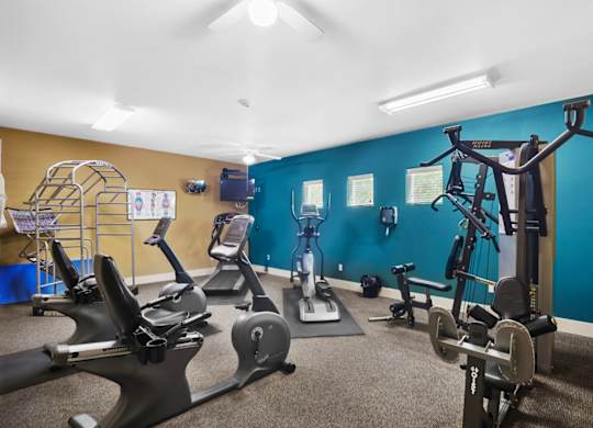 A gym with exercise equipment and a blue wall.