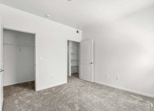 A room with two open doors and carpeted flooring.