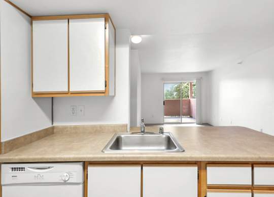 A kitchen with a sink, dishwasher and cabinets.