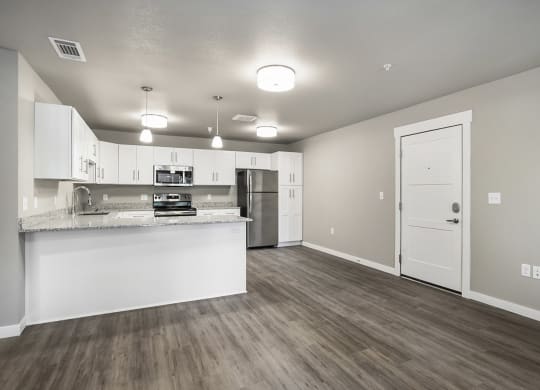 a kitchen and living room in an apartment