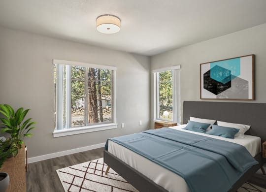 a bedroom with a bed and two windows