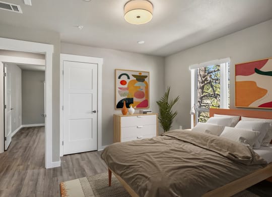 a bedroom with a bed and a closet