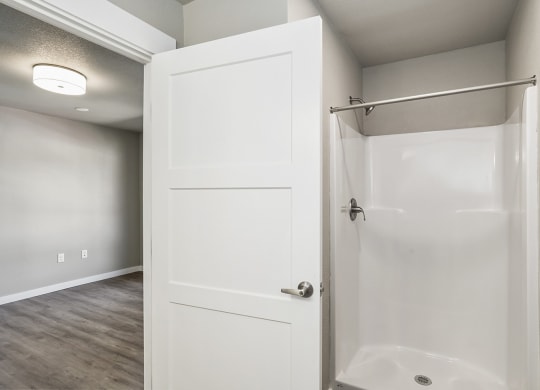a bathroom with a walk in shower and hardwood flooring
