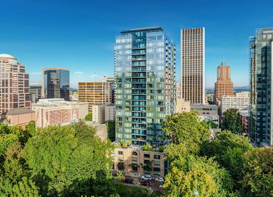 A cityscape with a mix of modern and older buildings, surrounded by lush green trees.