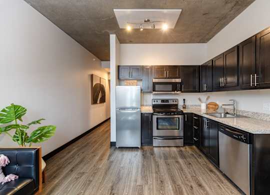 A modern kitchen with black cabinets and stainless steel appliances.