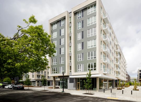 apartment building with pedestrian walkway at Slabtown Square Apartments, Portland , OR 97209