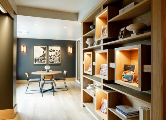 Library cubbies with books and decor highlighted at Slabtown Square Apartments, Portland 