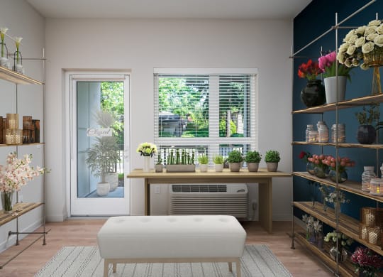 a living room with a table and plants and a window