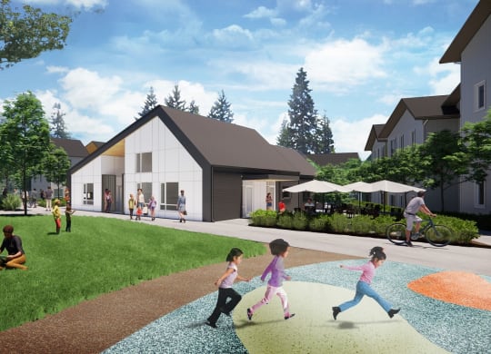 a rendering of a white building with a playground in front of it