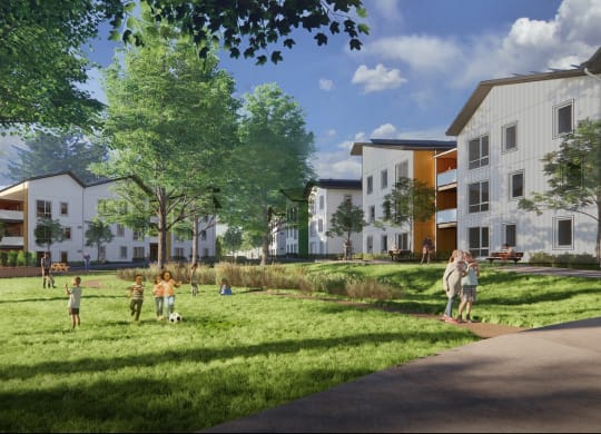 a rendering of an apartment complex with children playing in the grass
