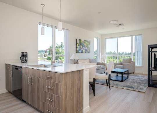 A modern kitchen with a large island and a view of the outdoors.