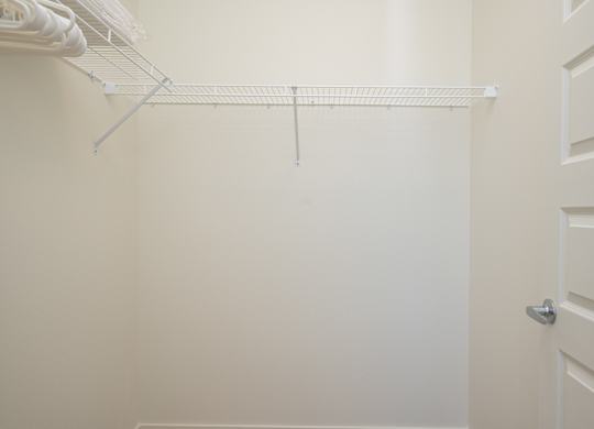 A white closet with a door and a shelf.